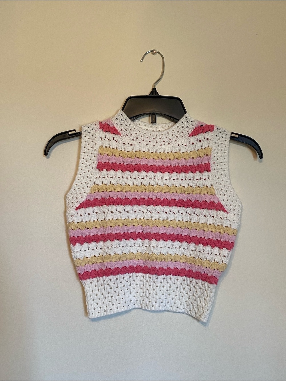 SHEIN White Crochet Tank with Pink & Tan Stripes